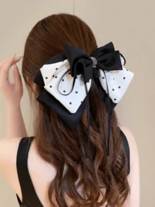 1pc Women's Polka Dot Double-Layer Satin Bow Hair Clip, Retro Elegant Rhinestone Hair Accessory, Volumizing Half-Up Hairstyle For All Seasons - Black and White - View 3