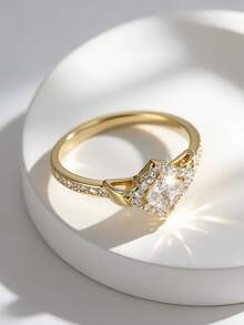 Charm-In 18K Gold Plated Copper Ring Geometric Square Halo Design Princess Cut Cubic Zirconia Solitaire Engagement Ring For Women Jewelry - Gold - View 1