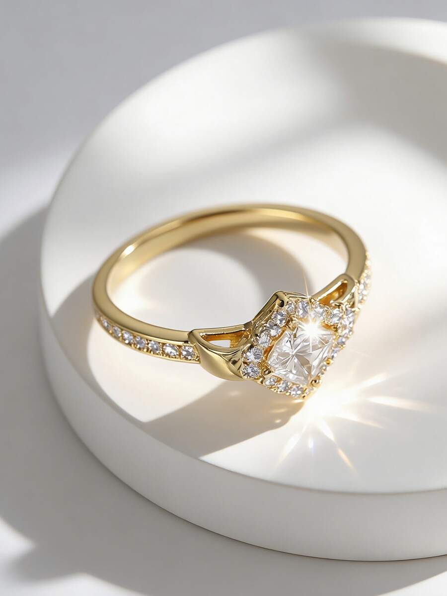 Charm-In 18K Gold Plated Copper Ring Geometric Square Halo Design Princess Cut Cubic Zirconia Solitaire Engagement Ring For Women Jewelry - Gold - View 1