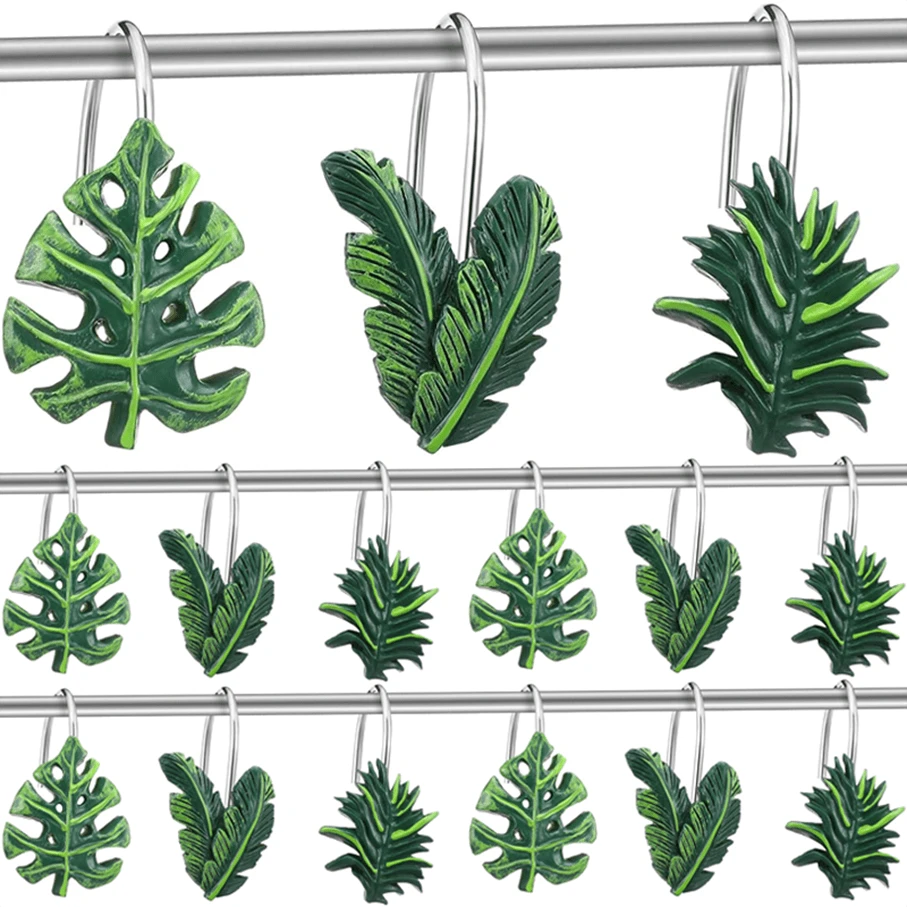 12pcs Turtle Leaf Shower Curtain Hooks, Stainless Steel Rust-Proof Resin Hand-Painted Hawaiian Tropical Leaf Palm Leaf Decorative Shower Curtain Hooks Rings, Bathroom Accessories, Shower Curtain Accessories, Bathroom Decor Home Decorative Curtain Hooks, Flamingo Shower Curtain Hooks