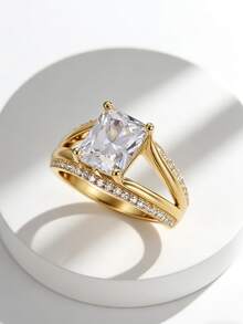 Charm-In Square Prong Set Double Shank Princess Cut CZ Ring 18K Gold Plated Copper Engagement Ring For Brides, Proposal & Wedding Party - Gold - View 4