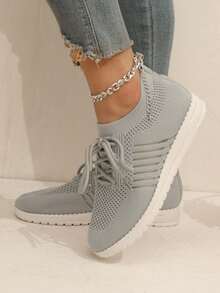 Women's Running Shoes Casual Breathable Sports Shoes Fashionable Lightweight Sneakers Women'S Lightweight Breathable Knit Walking Shoes - Soft EVA/PVC Sole, Low-Top Summer Sneakers With Fabric Upper & Lining, Multiple Colors For Casual & Light Exercise, Ladies Shoes - 灰色 - 查看 4
