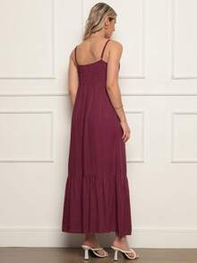 Elegant Women's Long Dress With Padded Cups, Lining, Adjustable Straps, And Front Buttons - 酒紅色 - 查看 5