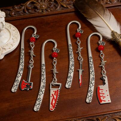 Gothic Horror Weapon Metal Bookmark, Creative Axe/Saw/Knife/Kitchen Knife Acrylic Pendant Design Bookmark, Eerie Bloodstain Decorated Bookmark, A Suitable Dark Fantasy Book Fan Gift For Readers