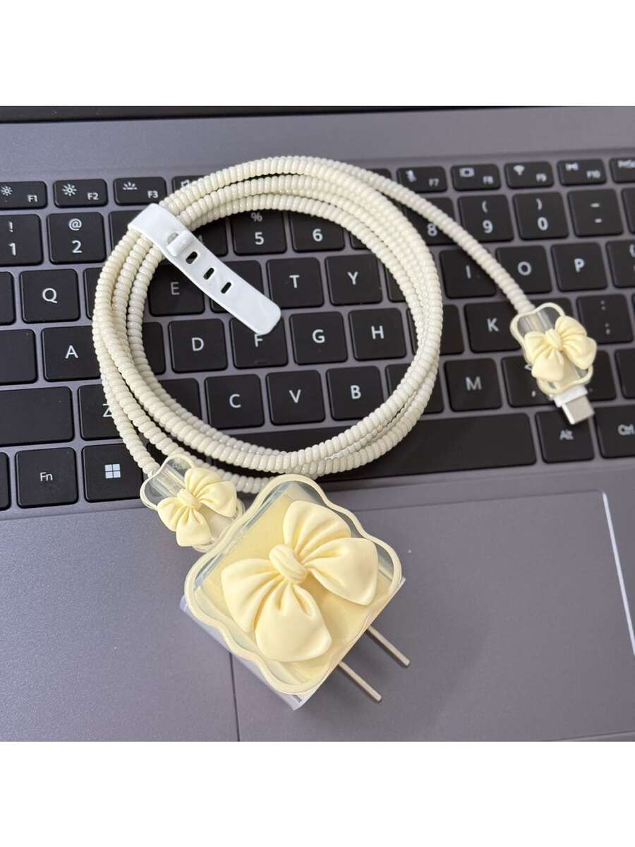 Cute Yellow Bow Decor Data Cable Protector, Compatible With 18/20W Charger Protective Case, Data Cable Protector Cord, Anti- Protector, Charger Accessory, Phone Accessory - Wave Green Five-piece Set - View 1