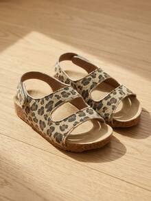 Girls' 3-12 Years Essential Leopard Print Sandals, Canvas Sole + Classic Leopard Pattern, Double Strap Open Toe Design, Adjustable Heel, Soft Cork Midsole + Non-Slip Rubber Sole, Retro Casual Style, Versatile For Daily Wear, Spring/Summer - Maroon - View 4