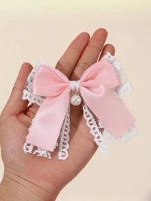 2 Peças Presilhas de Cabelo com Laço de Cetim Rosa, Renda Branca e Pérolas, Estilo Retro Francês Fofo Y2K, Acessórios de Cabelo Laço Lolita Adorável para Meninas, Verão, Férias, Viagem - Rosa chiclete - Visão 3