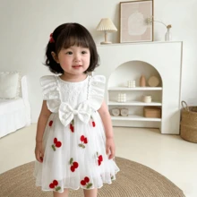 0-3 Years Old Girls Cute Mesh Princess Fairy Dress, Bow Lace Trim Cherry Embroidery Mesh Skirt, Back Closure, Suitable For Outings, Photo Shoots, Parties - White - View 1