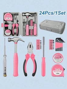 24Pcs Pink Women's Tool Kit, Household Repair Set With Hammer Pliers Screwdrivers, Compact Case For DIY Car Emergencies - Repair Tools - View 9