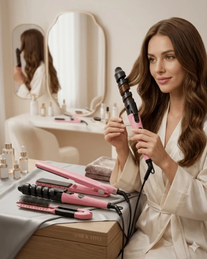 Kit de Peinado 3 en 1 – Plancha, Rizador y Peine para Estilizar tu Cabello ‍♀️✨