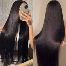 无胶直发蕾丝前假发 - 5x5 高清预拔毛剪裁真人发，自然发际线，180% 密度，无需胶水，3 秒即可佩戴 - Natural Black - 查看 6