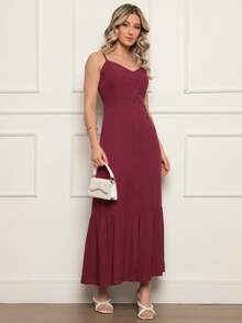 Elegant Women's Long Dress With Padded Cups, Lining, Adjustable Straps, And Front Buttons - 酒紅色 - 查看 4