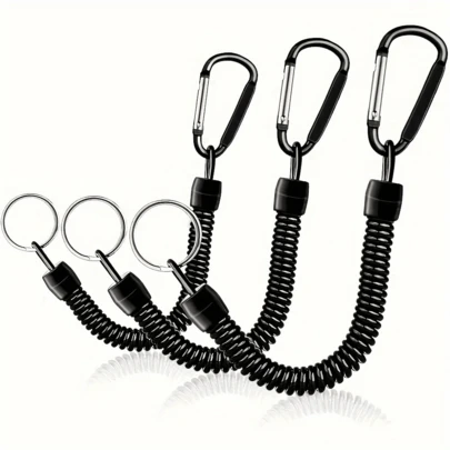 3pcs Black Elastic Spring Keychain Set, With Carabiner - Retractable Outdoor Clip, 6.8kg Test Strength, Steel Wire Inside, Aluminum Alloy Material, Suitable For Camping And Hiking