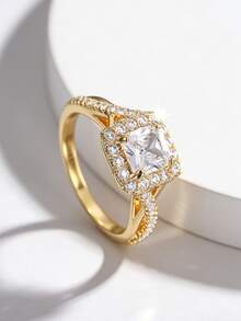 Charm-In Nhẫn vuông Halo Princess Cut đính đá CZ mạ vàng 18K, viền đá nhỏ xung quanh, nhẫn đính ước nguyện, quà tặng kỷ niệm cho cô dâu. - Vàng - Xem 1