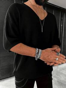 Men's V-Neck Loose Batwing Short Sleeve Knit Pullover - Black - View 2