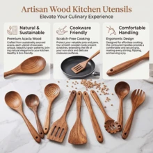 10 piezas Cucharas de madera, resistentes, ligeras y resistentes al calor, utensilios de cocina, suministros de cocina, accesorios de repostería - Marrón - Ver 3