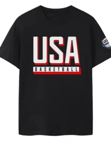 USA Basketball Jerseys National Team Jerseys Sports Clothing Short Sleeve Round Neck Printing Pullover T-Shirt 50402 - 黑色 - 查看 1