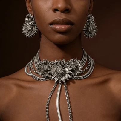 波西米亚风花卉流苏吊坠项链耳环套装，适合作为节日礼物、宴会和派对装饰佩戴，女士适用。