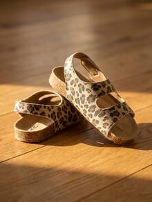 Girls' 3-12 Years Essential Leopard Print Sandals, Canvas Sole + Classic Leopard Pattern, Double Strap Open Toe Design, Adjustable Heel, Soft Cork Midsole + Non-Slip Rubber Sole, Retro Casual Style, Versatile For Daily Wear, Spring/Summer - Maroon - View 3