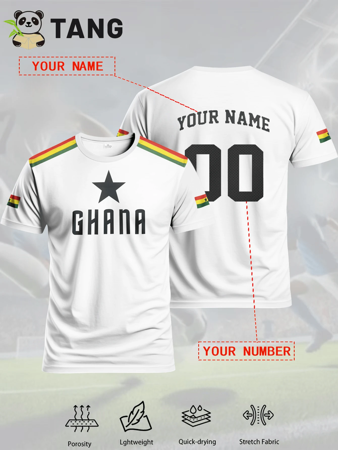 男士定制加纳足球球衣，舒适圆领运动上衣，可定制姓名和号码，适合足球训练、日常休闲穿着，是馈赠佳品，时尚潮流，简约别致，个性十足，独一无二，男士服装，胶囊衣橱，男士基础/街头风格，送给他、男友、家人、朋友的理想礼物，适合生日、度假/假日、学校/比赛、运动/登山等场合，白色夏季款，旅行收纳包
