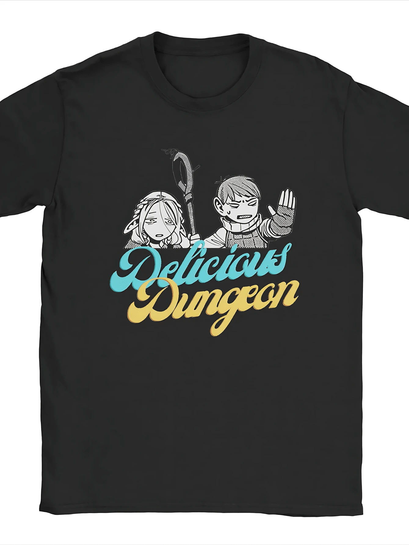 Delicious In Dungeon T Shirt Unisex Cotton Tops Leisure Marcille & Chilchunk Crewneck Short Sleeve - màu đen - Xem 1