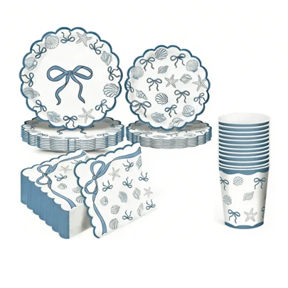 10pcs/20pcs/50pcs/80pcs Blue And White Seashell Party Decorations Include Plates-Napkins-Cups With Shell Patterns, Conch Patterns, Starfish Patterns And Bowknot Patterns For The Summer I Turned Pretty Party Decorations For Men And Women