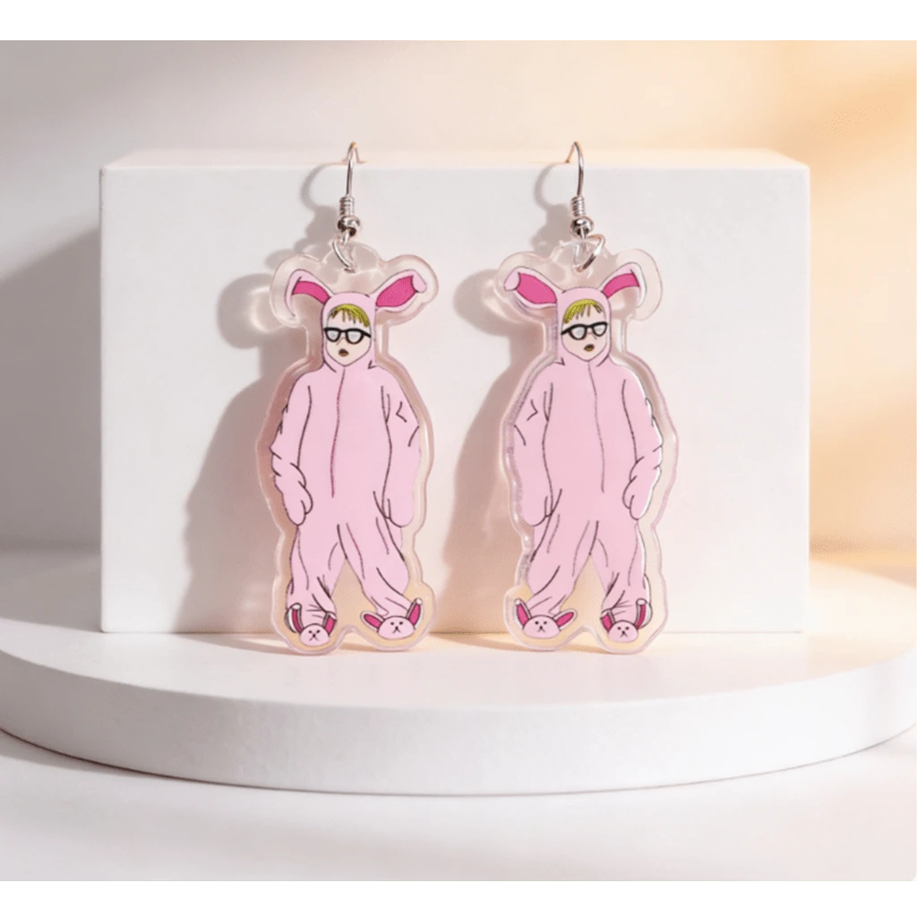 Funny Pink Bunny Suit Acrylic Dangle Earrings, Inspired Holiday Drop Earrings, Quirky Christmas Party Jewelry For Women - A - View 1