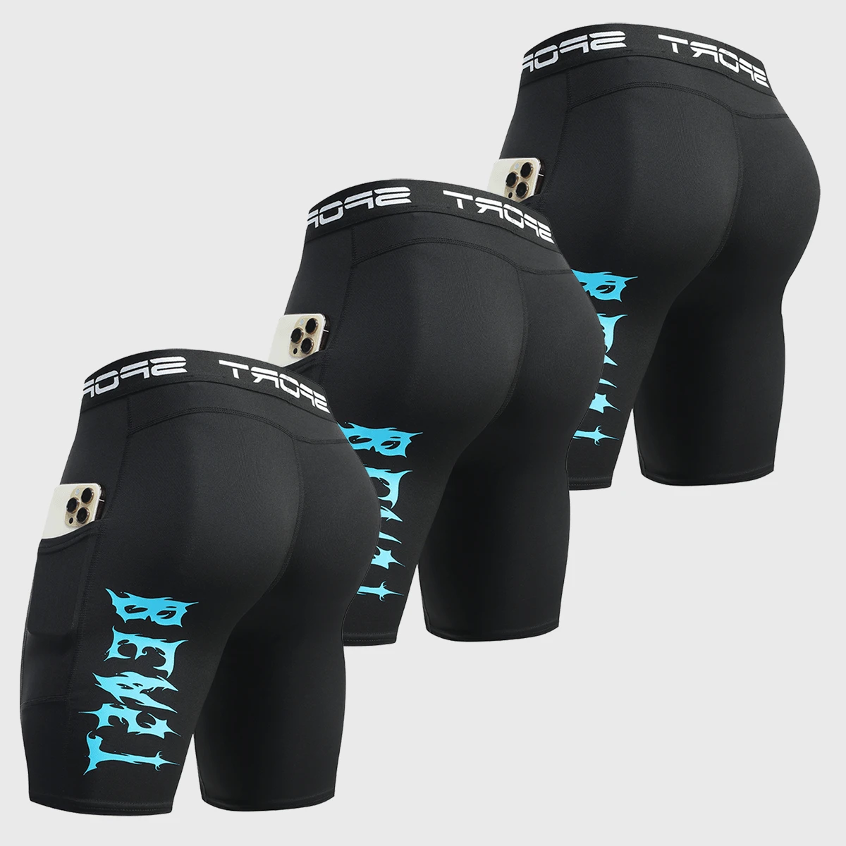 3-Pack Men's Compression Shorts - Made Of A Polyester And Spandex Blend, White With Blue Accents And A "BEAST" Graphic Design. Suitable For Running, Cycling, Gym Workouts, Yoga, Hiking, And Casual Wear; All Seasons Available. - Black - View 1