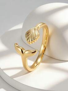 Charm-In Nhẫn đồng mạ vàng 18K, thiết kế hở điều chỉnh được, lấy cảm hứng từ đuôi nàng tiên cá và vỏ sò, kiểu dáng thanh mảnh dành cho nữ, trang sức thời trang. - Vàng - Xem 3