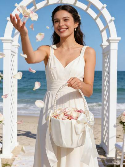 1pc Flower Girl Basket,Wedding Flower Youngsters Basket&White Petals, Basket With Lovely Pearl Handle Bow, Satin Flower Basket Suitable For Wedding Ceremony Baby Shower Party - Ivory And White,Wedding,Wedding Accessaries,Home Deccor
