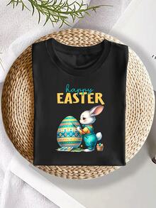 Conejo Pintando Huevo de Pascua Camiseta Estampada para Niño, Estilo Festivo de Primavera, Algodón Suave para Juego Libre, Ideal para Fiestas Familiares, Regalo Único y Cómodo que Expresa su Alegría - Negro - Ver 3