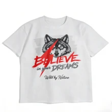 Camiseta de Manga Corta 100% Algodón con Estampado de Cabeza de Lobo y Rayo, Estilo Callejero Americano Vintage, Creer en Tus Sueños, Salvaje por Naturaleza, Top Holgado Casual - Blanco - Ver 5
