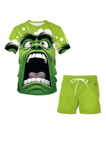 3D Digital Print Casual Sports Set, Short Sleeve Top With Drawstring Shorts, Plus Size - Multicolor - View 3