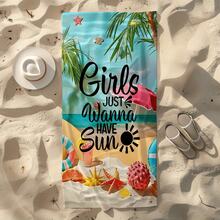 1pc Beach Towel With Girls Just Wanna Have Pattern - Soft, Absorbent & Quick-Drying Swimming, Sunbathing And Casual Parties - 白色 - 查看 1