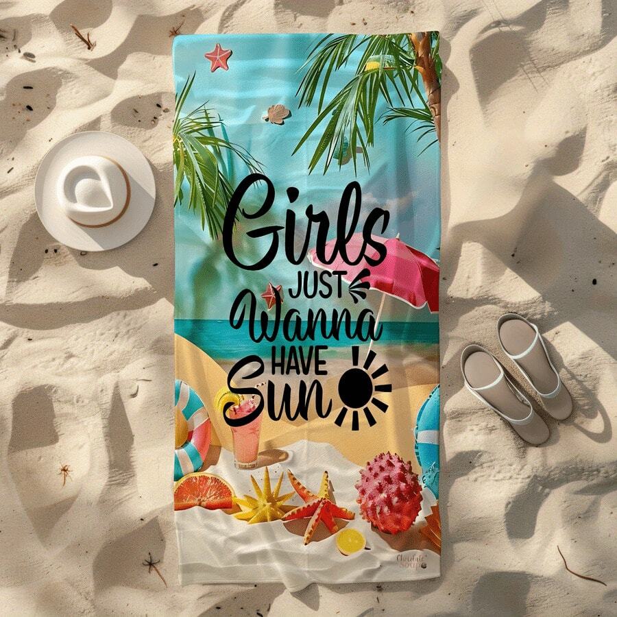 1pc Beach Towel With Girls Just Wanna Have Pattern - Soft, Absorbent & Quick-Drying Swimming, Sunbathing And Casual Parties - 白色 - 查看 1