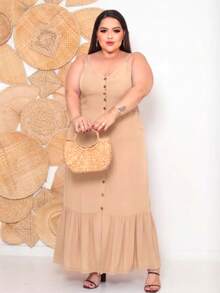 Elegant And Comfortable Women's Plus Size Dress, Plain, With Built-In Bra Cups, Adjustable Straps, And Front Buttons. - 米色 - 查看 2
