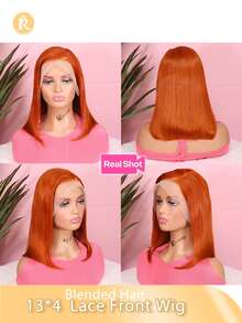 无胶13x4蕾丝前假发，女士直发混纺波波头假发，预先拔毛、预先剪裁，180%密度，基础款假发，适合非洲人，6-16英寸短款波波头假发，混纺假发——真人发与合成纤维混合，黑色/棕色/酒红色/橙色可选 - S350 - 查看 2