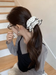 韩日风白色波点发圈，荷叶边发绳，大号丸子头发圈，马尾辫发圈 - 黑與白 - 查看 2