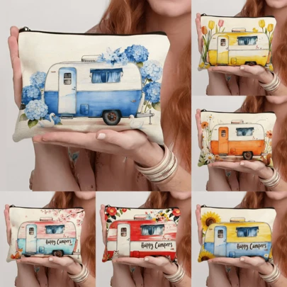 1pc Vintage Camper RV Floral Print Makeup Bag - Happy Campers Watercolor Travel Cosmetic Pouch Portable Canvas Toiletry Organizer Zipper Bag For Women Girls Camping Lovers