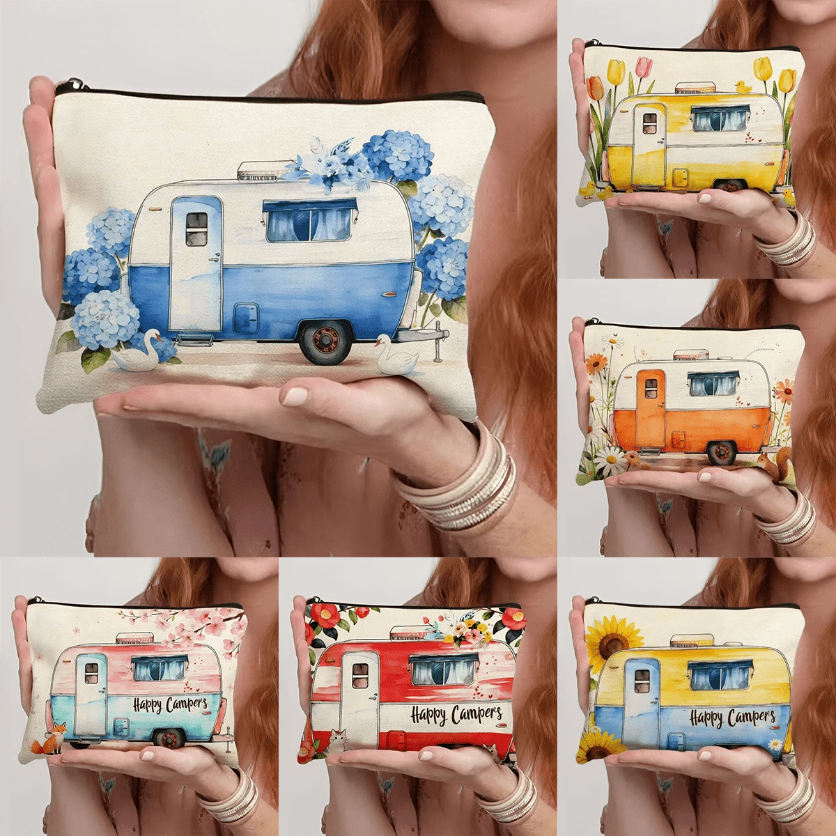 1 pieza Bolsa de maquillaje con estampado floral de caravana vintage - Estuche de cosméticos de viaje de acuarela "Happy Campers" organizador portátil de lona con cremallera para mujeres, niñas y amantes del camping - Multicolor - Ver 1