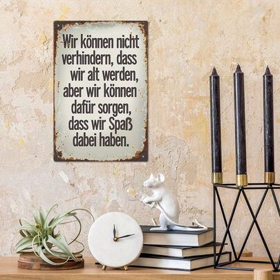 1 biển hiệu kim loại cổ điển với câu nói hài hước tiếng Đức: "Chúng ta không thể ngăn mình già đi, nhưng chúng ta có thể đảm bảo rằng mình sẽ tận hưởng quá trình đó.", Trang trí tường cho nhà ở, phòng khách, hiên nhà, phong cách nông trại, quà tặng.