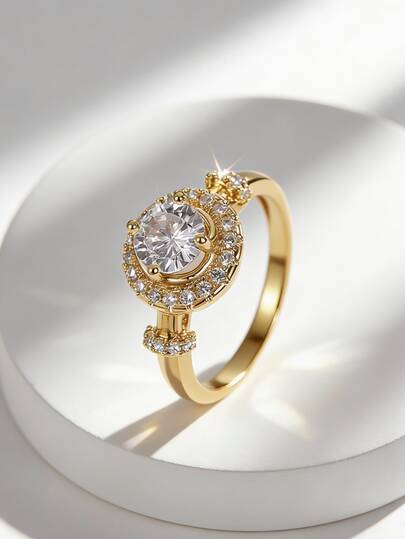 Charm-In 18K Gold Plated Copper Ring Vintage Halo Design Round Cut Cubic Zirconia Engagement Ring Bridal Anniversary Gift For Her