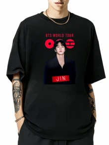 jin btss tour, cómodo y retro para el verano, adecuado para uso al aire libre, deportes casuales, ropa de calle. Camiseta transpirable de cuello redondo - Negro - Ver 7