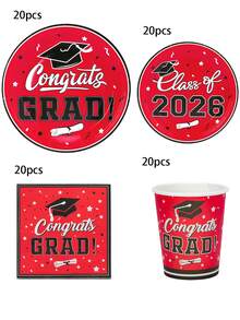 Bộ đồ dùng tiệc tốt nghiệp 10/20/50/80 món năm 2026, bộ đồ ăn tiệc tốt nghiệp màu đỏ dùng một lần gồm đĩa, cốc và khăn giấy để chúc mừng sinh nhật tốt nghiệp. - màu đỏ - Xem 8