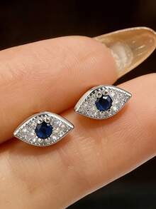 1 Pair S925 Sterling Silver Delicate Small Synthetic Zirconia Devil's Eye Stud Earrings, Suitable For Women's Daily Wear, Quality Jewelry Earrings - Silver - View 1