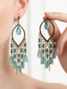 1 Đôi bông tai dành cho nữ, quà tặng du lịch biển, phong cách Bohemian cổ điển, đính cườm và tua rua. - tua - Xem 3