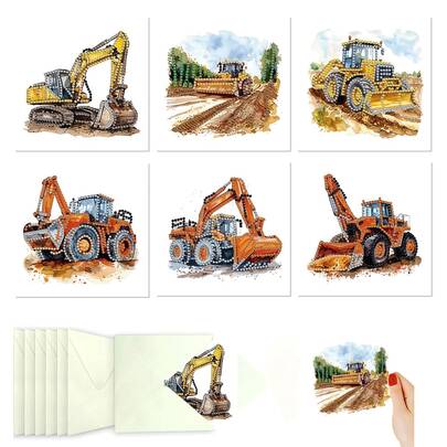 6件套钻石画贺卡套装，挖掘机图案，纸质材料，部分镶嵌圆形异形水晶宝石装饰，寓意祝福与美好祝愿，独特设计，不对称钻石形状，包含手工工具和材料，适合送给长辈、朋友和家人，节日派对DIY手工礼品
