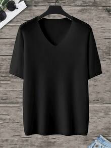 Men's V-Neck Loose Batwing Short Sleeve Knit Pullover - Black - View 6