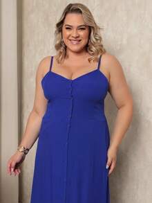 Women's Plus Size Long Dress In Plain Viscose With Padded Bra, Adjustable Straps And Front Buttons - Royal Blue - View 5