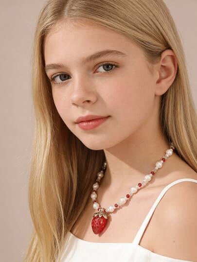Collar con colgante de fresa de colores, diseño de cuentas de perlas y cristal, joyería exquisita para niñas, regalo de fiesta